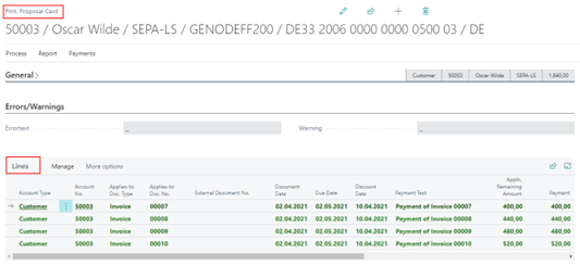 Payment proposal card lines