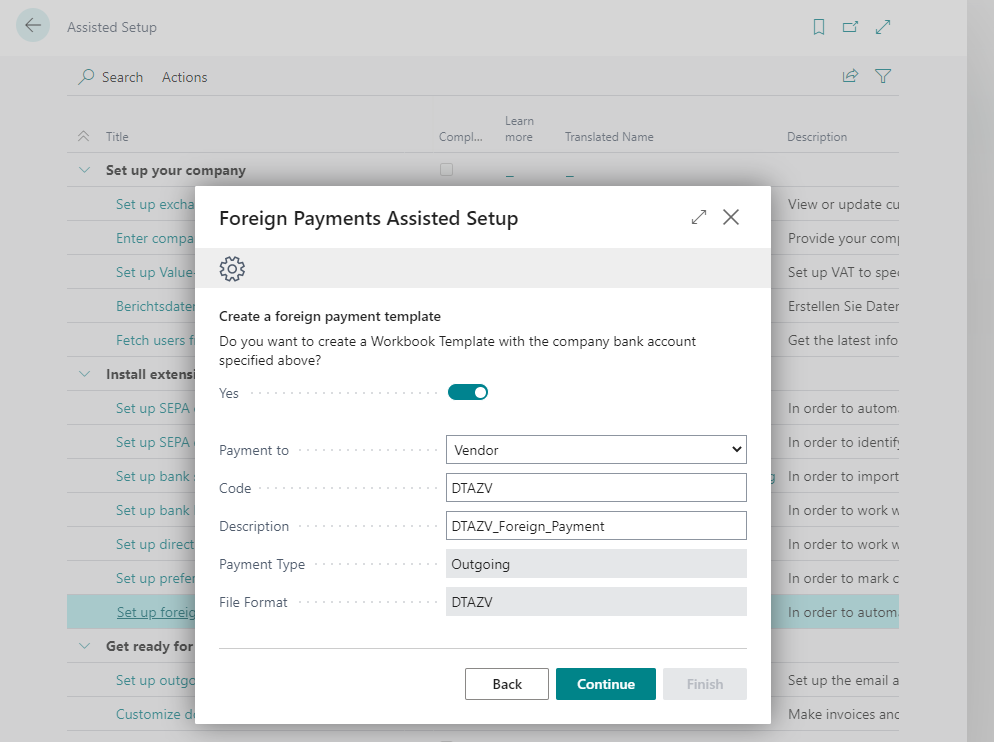 Setup wizard for foreign payments Payment Template