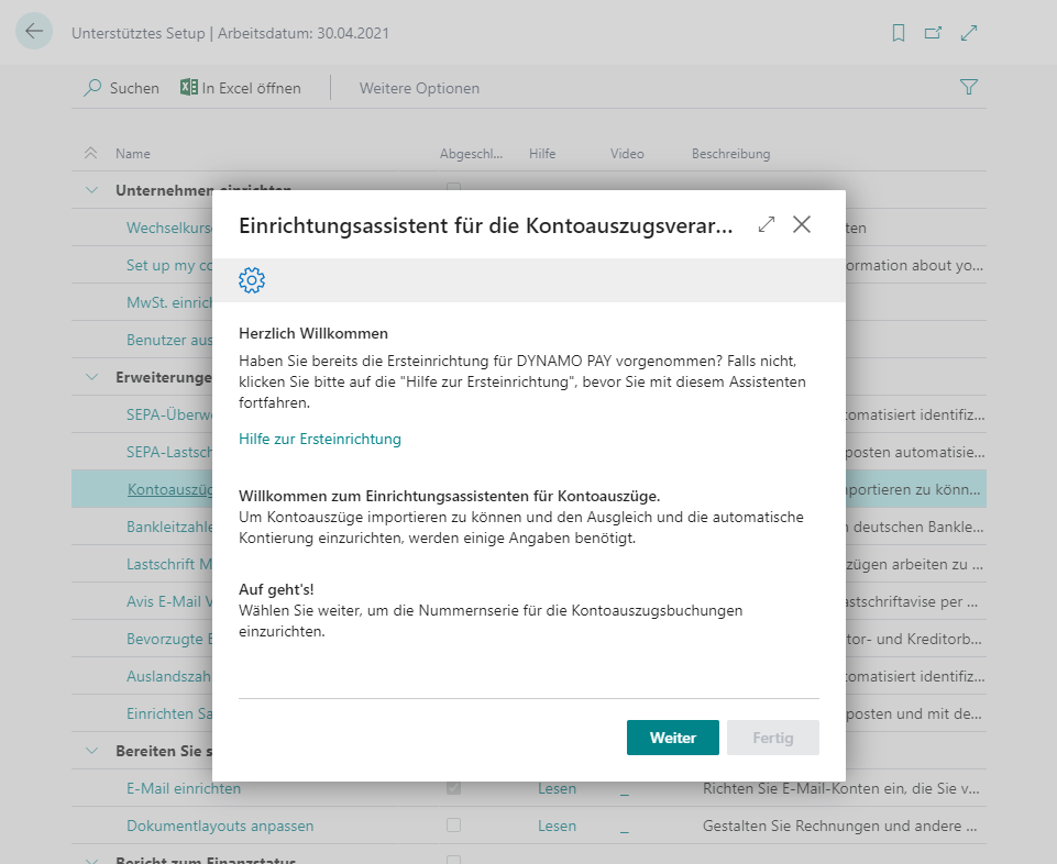 Setup wizard for bank statement processing Welcome