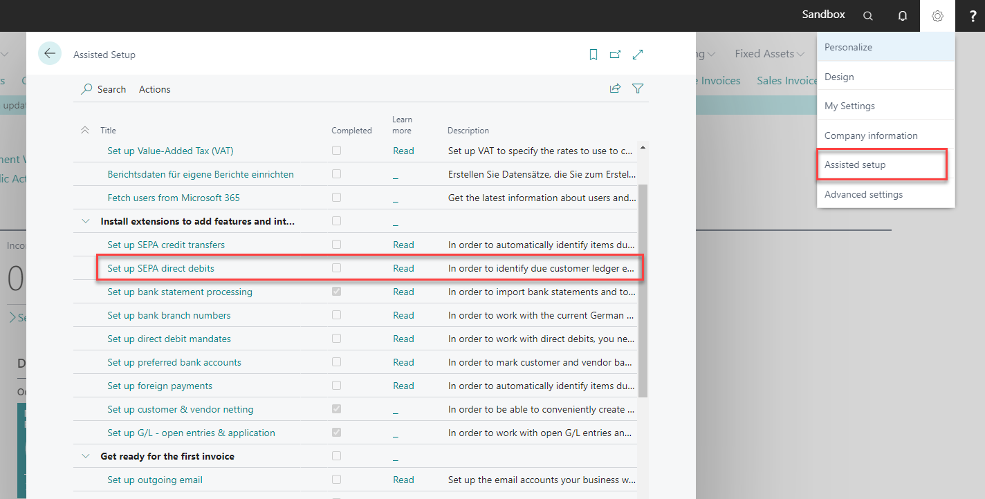 Setup wizard for SEPA direct debits