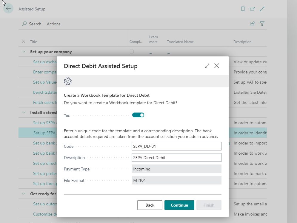 Setup wizard for SEPA direct debits Template