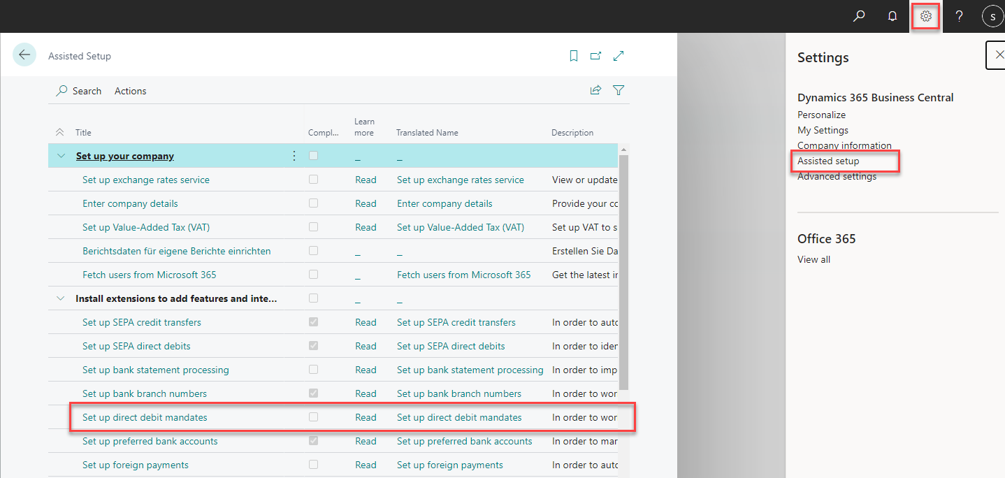 Setup wizard for direct debit mandates