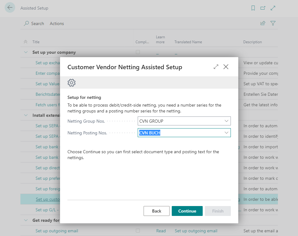 Setup wizard Customer-vendor netting No. Series