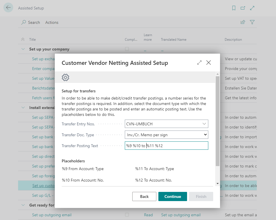 Setup wizard Customer-vendor netting Transfers