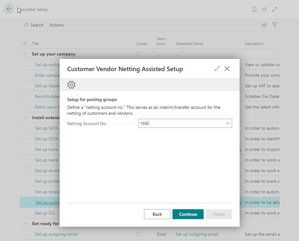 Setup wizard Customer-vendor netting Netting Acc. no.