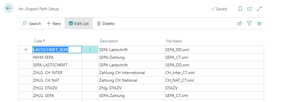 Im-/Export Pfad-Einrichtung