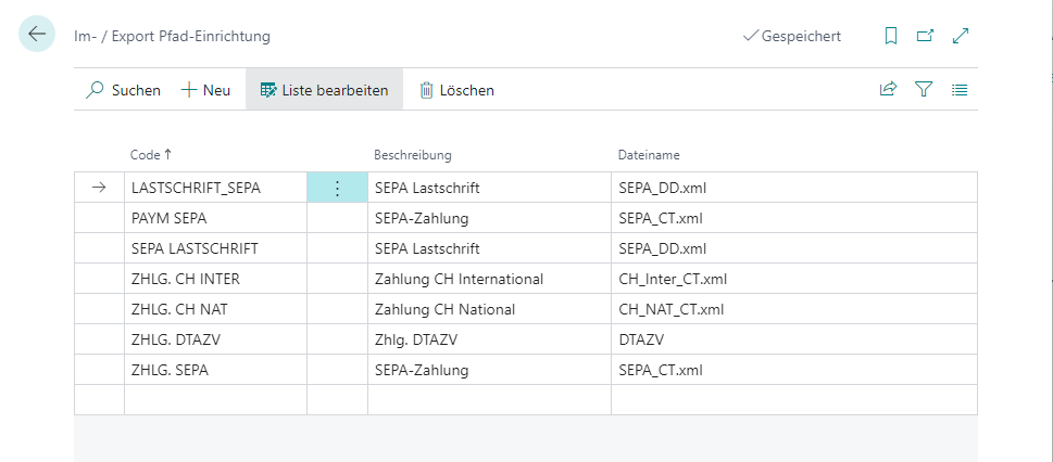 Im-/Export Pfad-Einrichtung