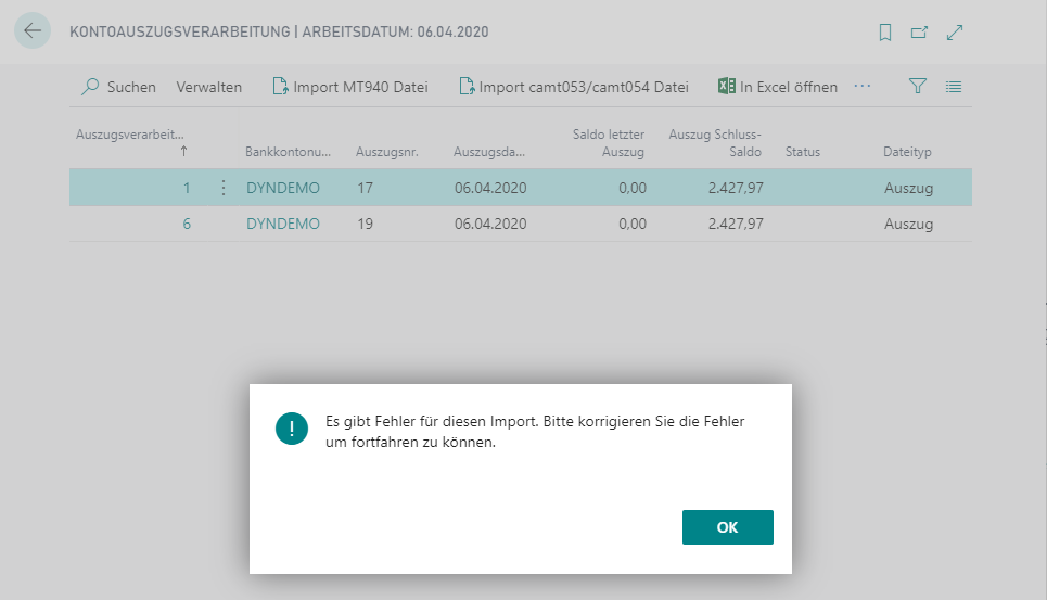 Importing CAMT File Error Message