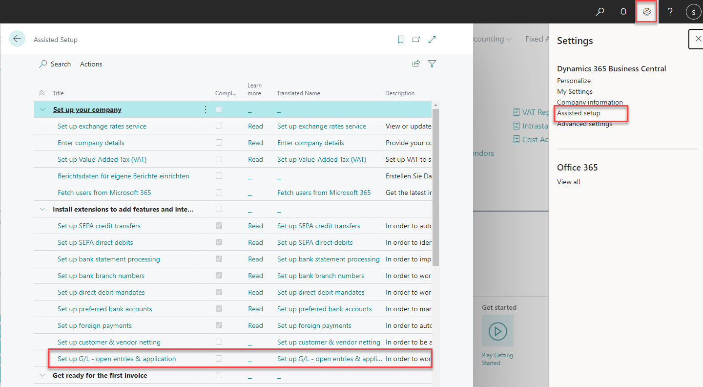 Set up wizard for G/L open entries & application